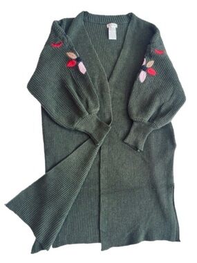 #84 LILY SKY ~ Green 3/4 Sleeve Long Cardigan Sweater Embroidered Floral Accents